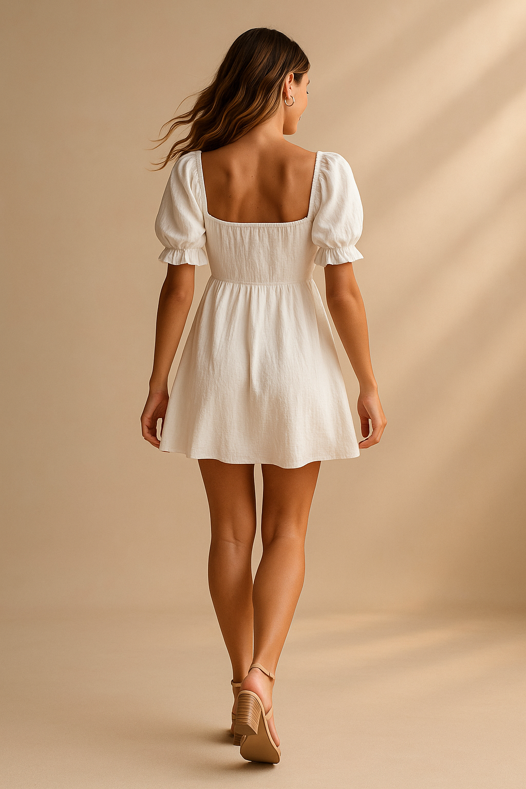 White women's mini dress with puff sleeves and sweetheart neckline