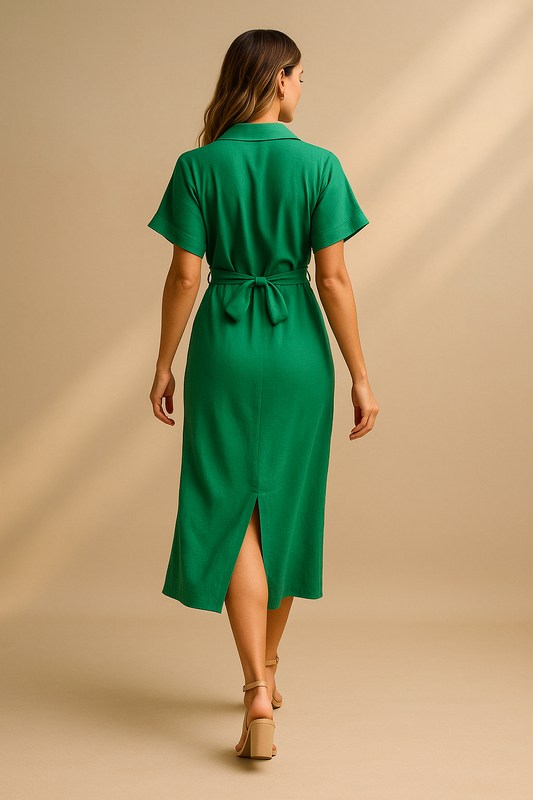 Green women's midi shirt dress with waist tie and short sleeves