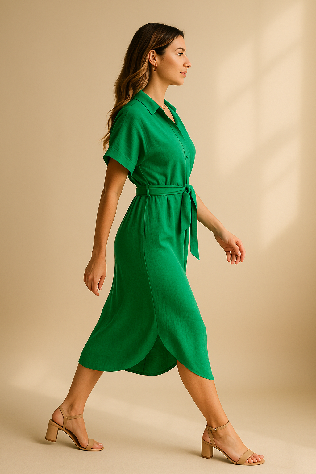 Green women's midi shirt dress with waist tie and short sleeves
